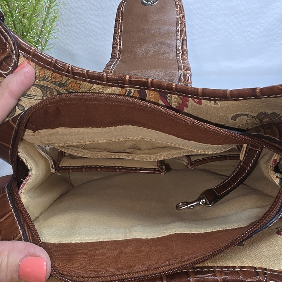 ROSSETTI PURSE VEGAN LEATHER LINEN COTTON BROWN FLORAL GREAT CONDITION - Picture 3 of 13